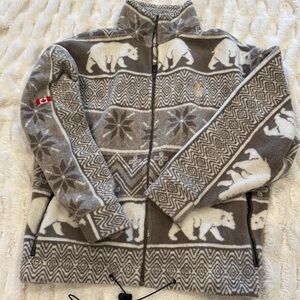 Vintage Funky Parrott dark and light tan and cream polar bear fleece jacket.